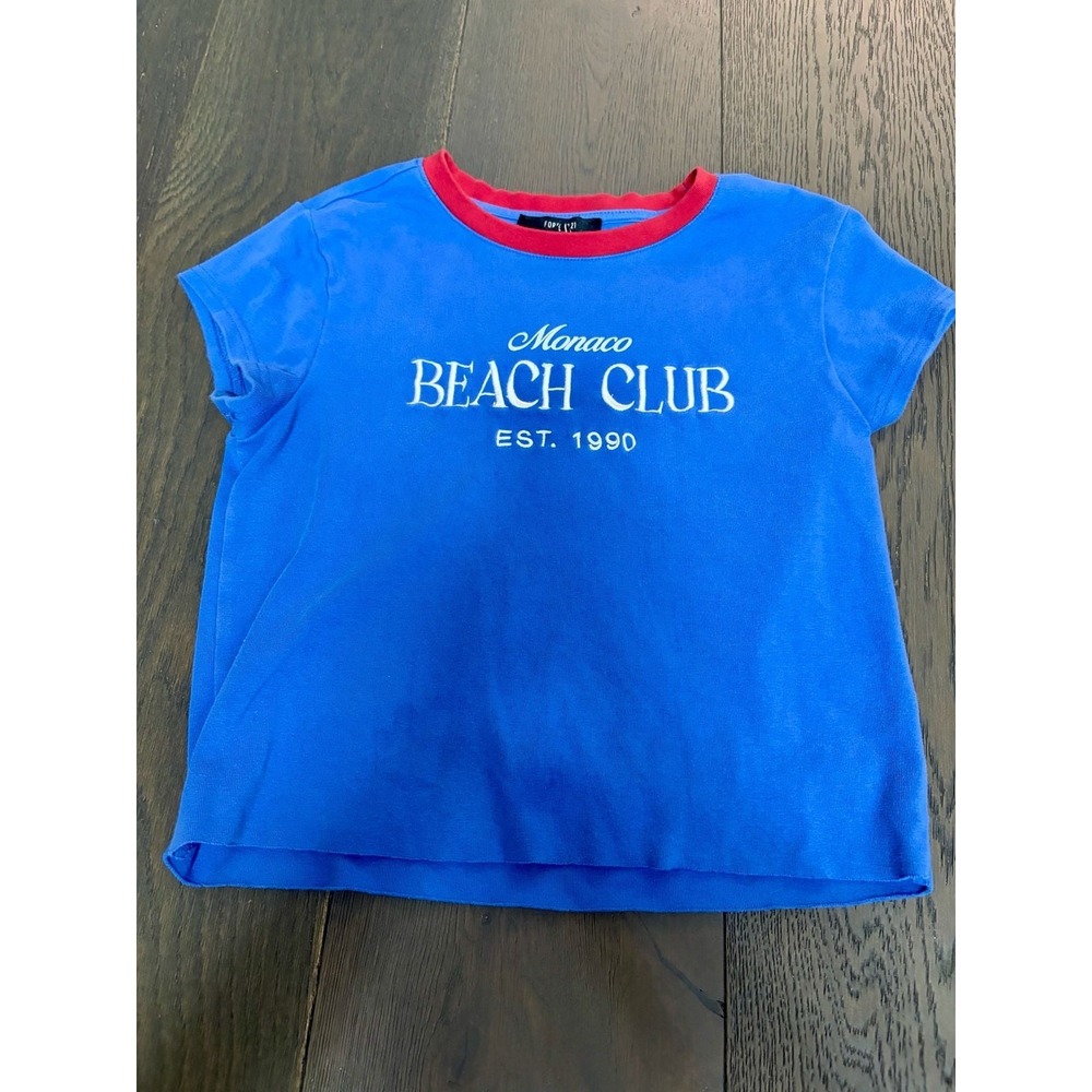 Forever 21 Monaco Beach Club Graphic Ringer T-Shirt Blue Size L
